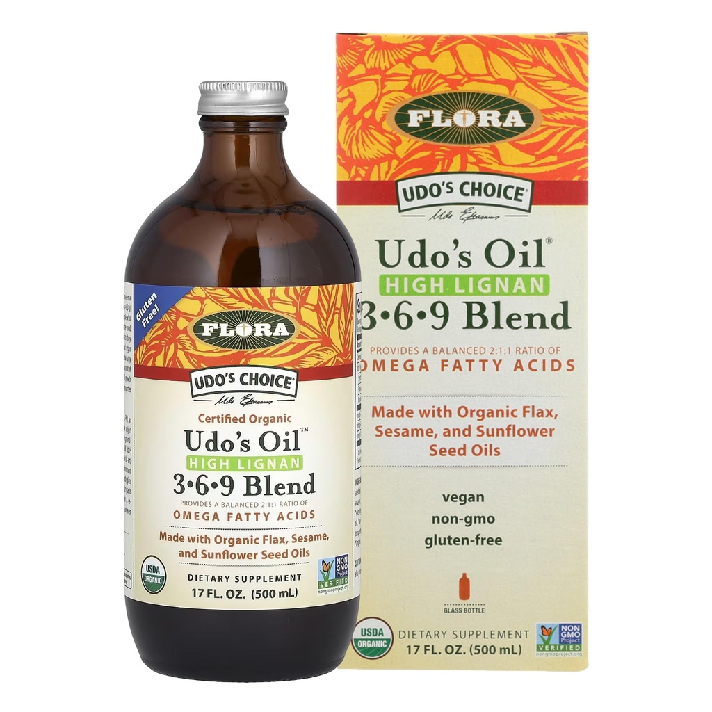 Flora - Udo's Choice High-Lignan 369 Omega Oil Blend, Udo's Oil Balanced 2:1:1 Ratio of Omega Fatty Acids, Made with Organic Flax, Sesam & Zonnebloemzaad Oils, 17-oz. Glazen fles