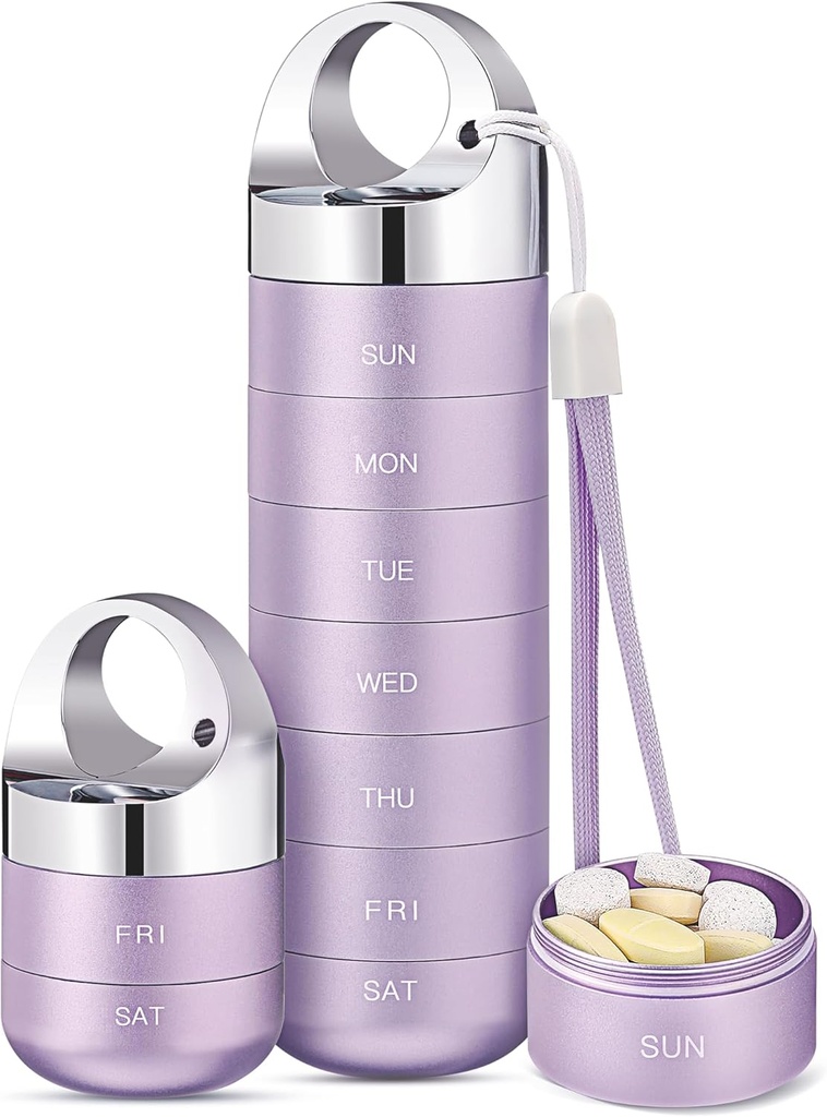 Zannaki Metal Travel Pill Organizer, Portable Waterproof Weekly Pill Box, Grand contenant de boîtier en alliage d'aluminium, BPA gratuit 7 jours de médecine quotidienne Organisateur pour la vitamine, huile de poisson, supplément