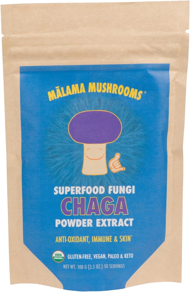 Chaga Extract Powder by Malama, Organic Fruiting Body Chaga Mushroom Powder, Superfood Adaptogenic, Ondersteunt Immune System, Huid Gezondheid, en vermoeidheid, 100 porties
