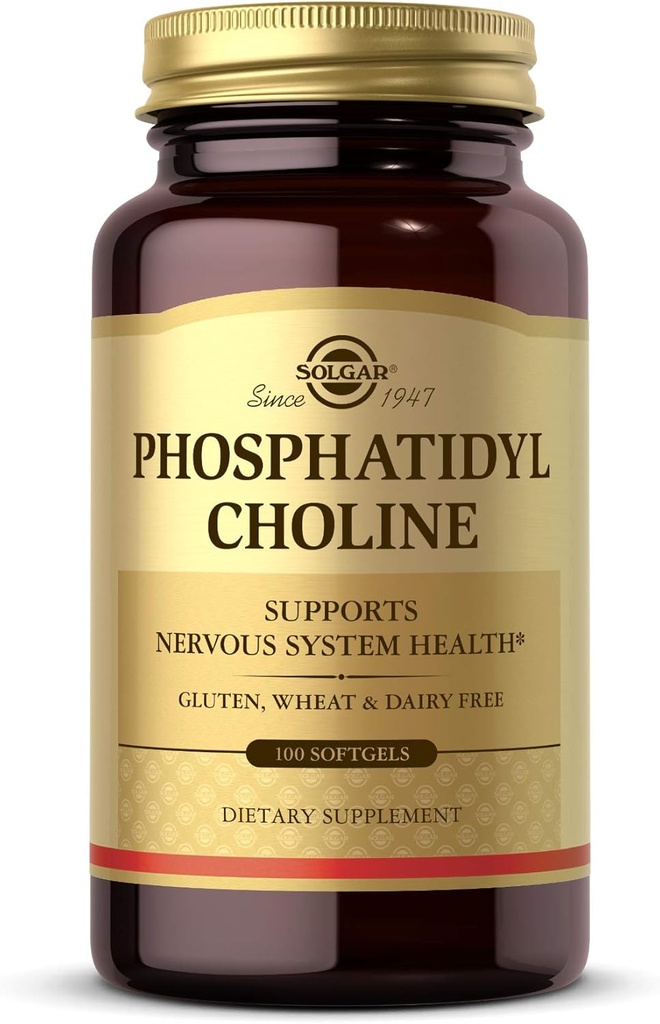 Solgar Fosfatidylcholine, 100 Softgels - Bevorderen van gezonde cognitieve functie - Afgeleid van Lecithine - Bevat Choline voor Neurotransmitter Acetylcholine - Glutenvrij, Zuivelvrij - 50 porties