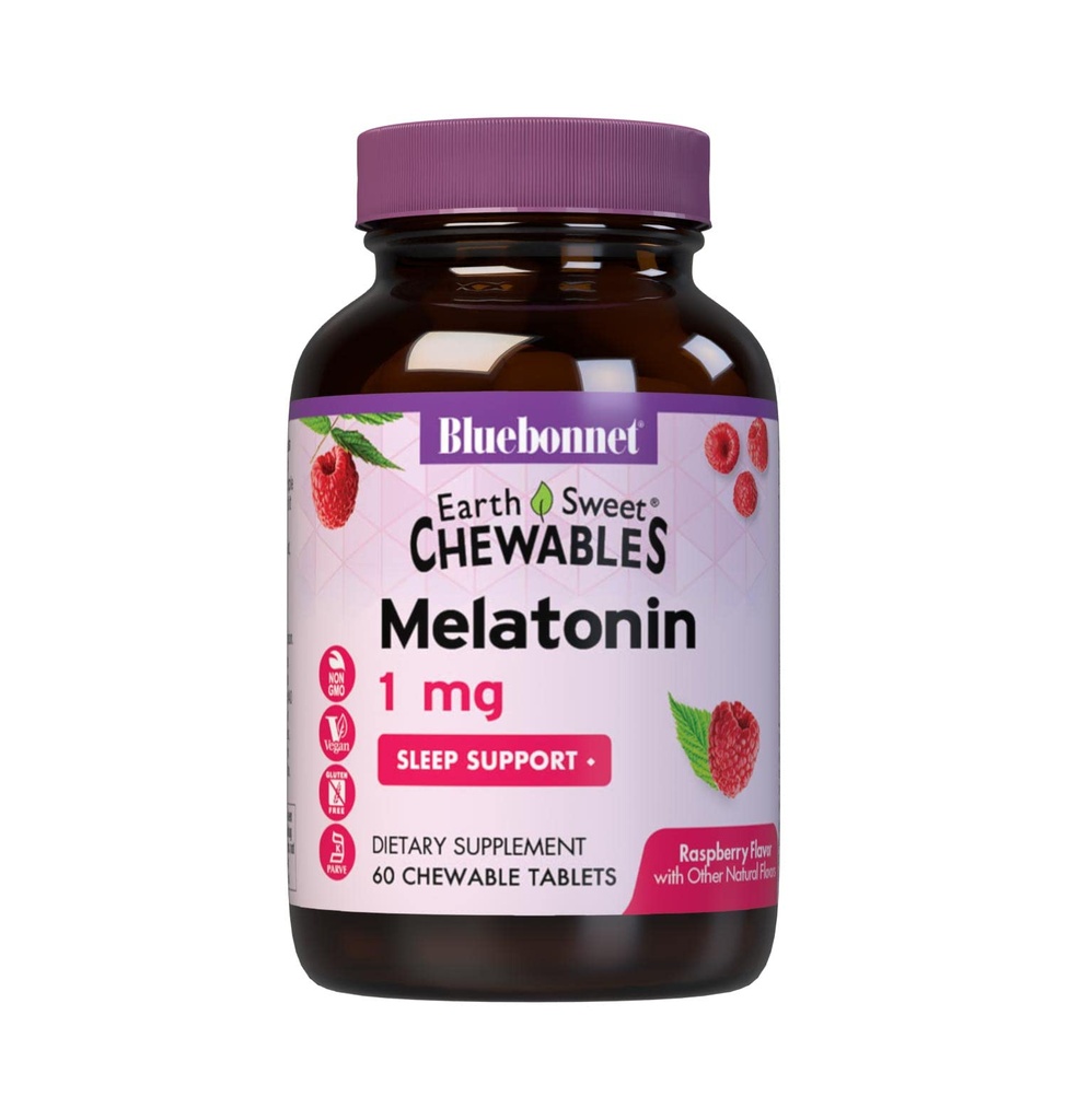 Bluebonnet Voeding EarthSweet Melatonine 1 mg Snelwerkende Snel Oplossen Nachtrust en Rustige Slaapondersteuning - Slaaphulp - Glutenvrij, Veganistisch - Smaak - Kauwtabletten Raspberry