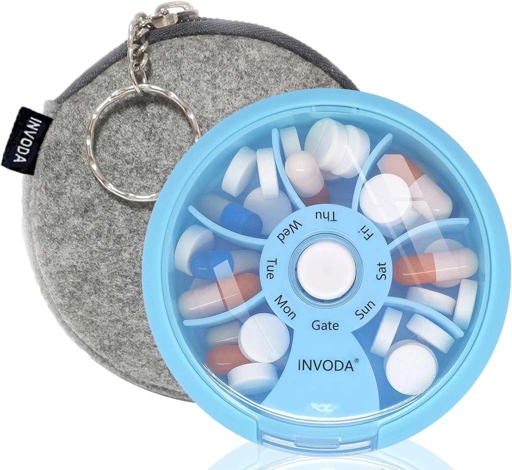 INFODA Weekly pil Organizer 7 Compartiment Rotating Pill Box voor dagelijkse medicatie & vitamines - Portable Travel Pill Case Visolie Supplementen Vitaminen Organisator (Blue+Bag)