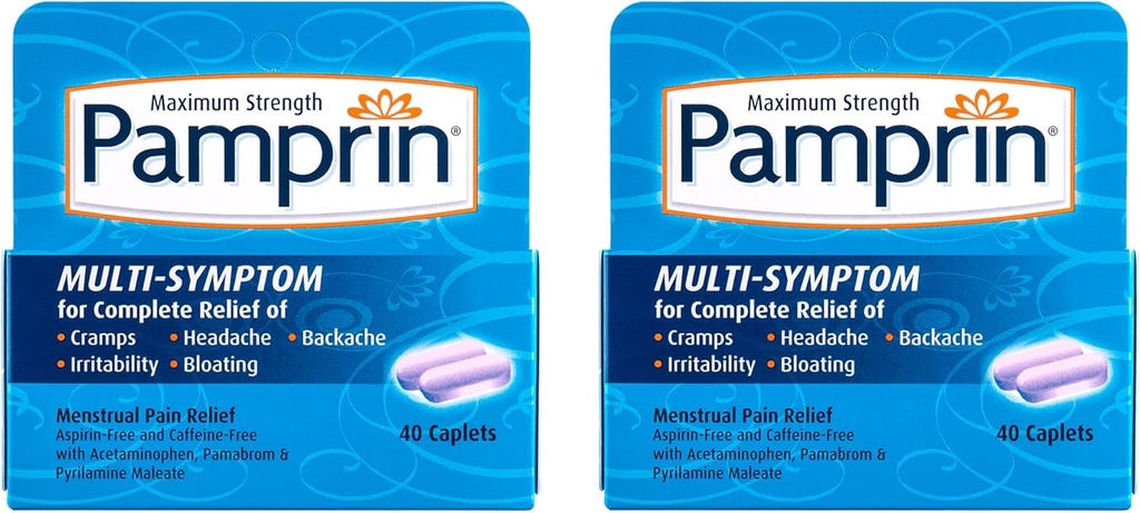 Pamprin Multi-Symptoom Formula, met Acetaminophen, Menstruele periode Symptomen Verlichting met inbegrip van krampen, pijn, prikkelbaarheid en opgeblazen gevoel, 40 Caplets (pakket van 2)