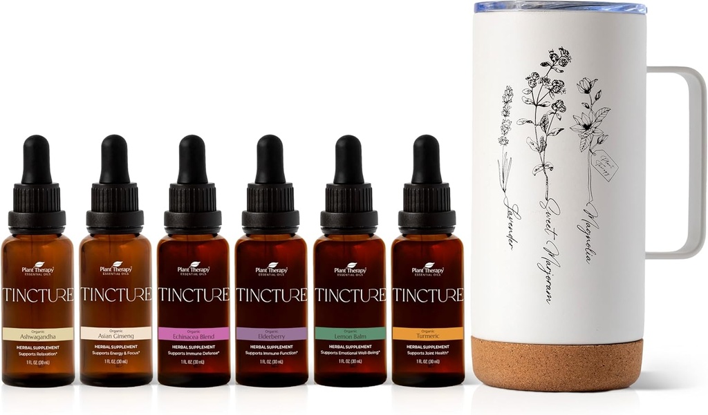 Plantentherapie Totale Tinctuur Pakket bevat 30 ml Elk van biologische Ashwagandha, Aziatische Ginseng, Echinacea Blend, Vlierbes, citroenbalsem, Kurkuma & Travel Mug