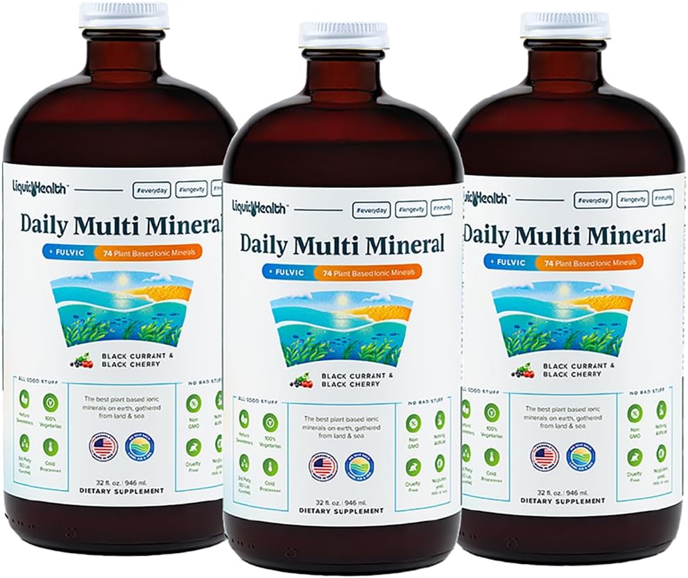 LIQUIDHEALTH Daily Multi Mineral Liquid Supplement with Fulvic Acid, Plant Based Ionic Aquamin Sea Trace Ocean Minerals - Immune Support, Energy, Gut Health, Detox - Made in USA, Vegetarisch (3 Pack)