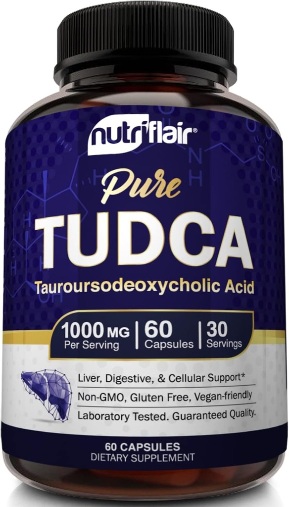 NutriFlair Pure TUDCA 1000mg - Premium Taurourso deoxycholzuur Bile Salts, Detox & Cleanse, Non-GMO, Glutenvrij. Lever, Nier & Gallblader Ondersteuning- Made in USA, 60 Capsules