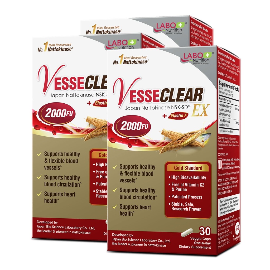 LABO Nutrition VesseCLEAR EX: Nattokinase NSK-SD+Elastine F voor schoon en flexibel bloedvat. Japan's meest klinisch bestudeerde, functionele dosis, zuur-resistant/vertraagde afgifte Capsules, 90 Tel.