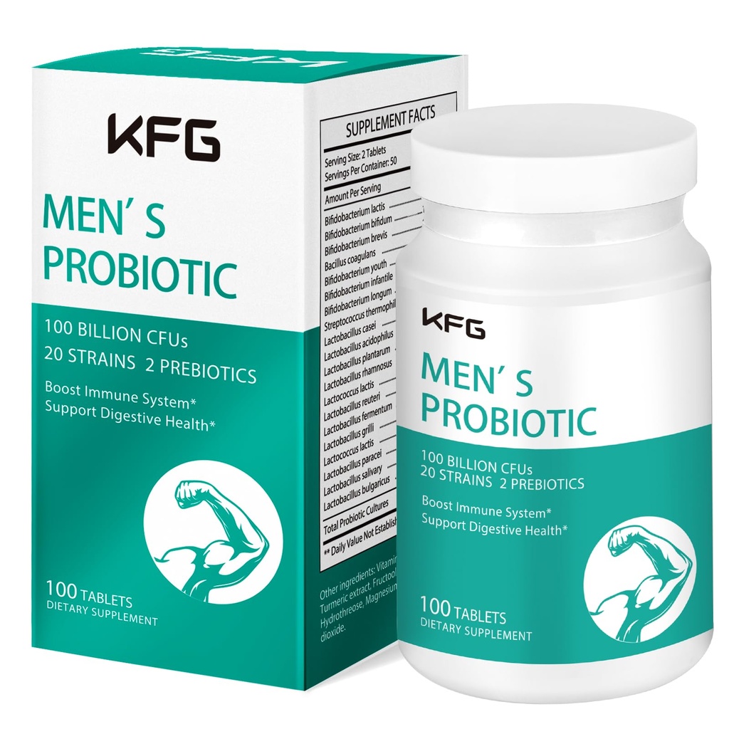 KFG Probiotic Supplement 100 Miljard CFU, 20 Strains, 2 Prebiotica en spijsverteringsenzymen, ondersteunt spijsvertering, Immune Support, Gut Health and Metabolisme, Non-GMO, Gluten & Sojavrij, 100 tabletten