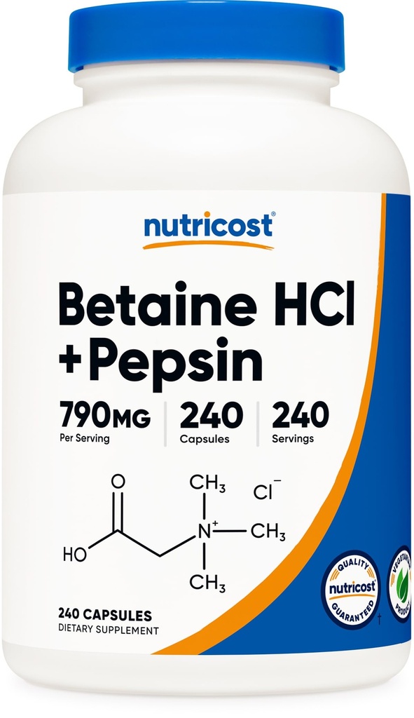 Nutricost Betaine HCl + Pepsin 790mg, 240 Capsules - Vegetarisch en GGO-vrij
