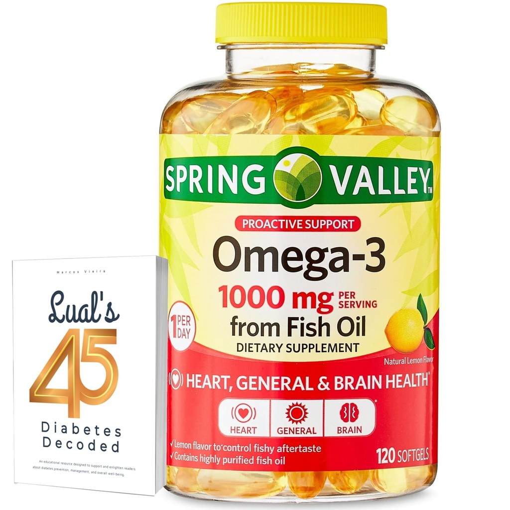 Omega-3 van Fish Oil Heart General & Brain Health Dieetsupplement Softgels, 1000 mg, 120 Count Bundle met Luall's 45 Diabetes Decoded