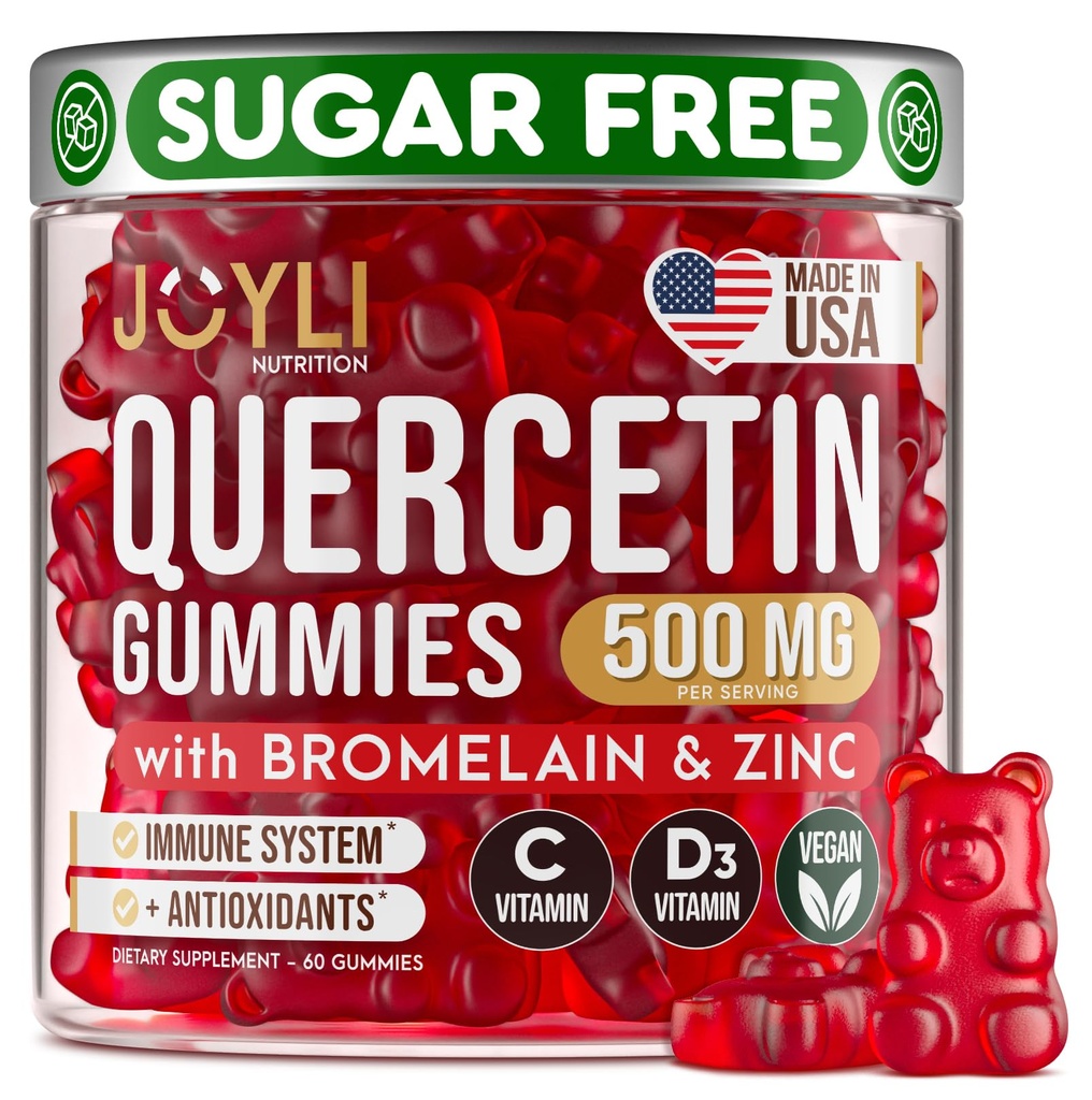 JOYLI Quercetine Gummies - Quercetine met bromelaïne Zink Vitamine C & Vitamin D3 - Quercetine Supplement 500MG for Immuun System & Allergie - Quercetine for Kids and Adults - 60 Quercetine Chewable