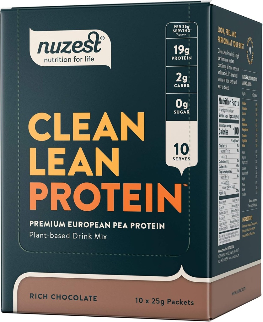 Nuzest - Pea Protein Powder - Clean Lean Protein, Premium Vegan Plant Based Protein Powder, Dairy Free, Glutenvrij, GGO-vrij, Protein Shake, Rich Chocolate, 0,9 oz, (Pack of 10)