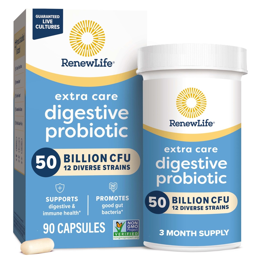 Renew Life Extra Care Digestief Probiotische Capsules, 50 miljard CFU Gegarandeerd, Dagelijks supplement Ondersteunt Immune, Digestief, Respiratoire Gezondheid(1), L. Rhamnosus GG, Zuivel, Soja en Glutenvrije, 90 Tellen