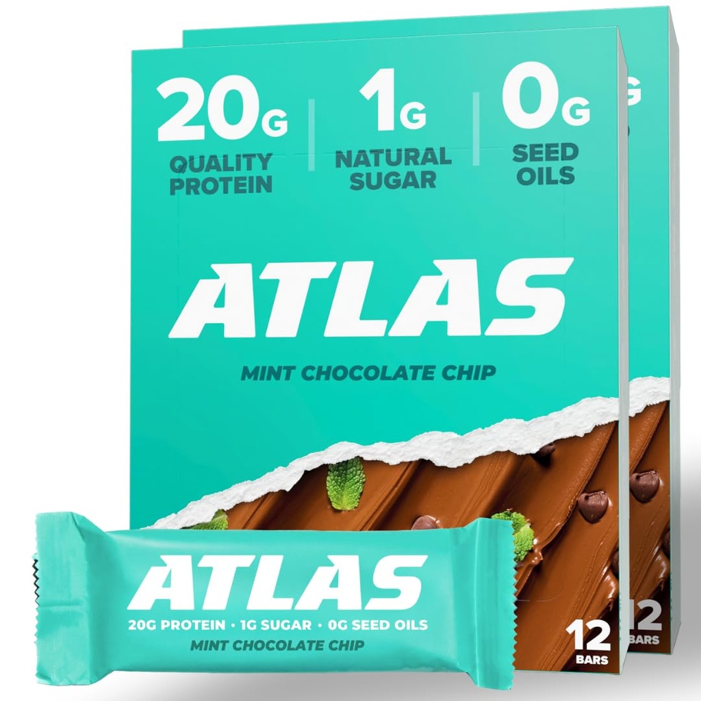 Atlas Proteine Bar, 20g Proteïne, 1g Suiker, Clean Ingrediënten, Glutenvrij, Mint Chocolade Chip (12 Tellen, Verpakking van 2)