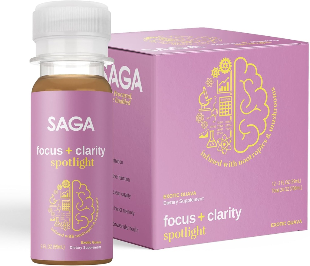 SAGA Organic Focus Shots bevat Nootropics, Adaptogens, & customs - Bacopa & Ashwagandha 