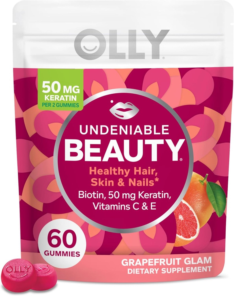 OLLY Undeniable Beauty Gummy, Voor Haar, Huid, Nagels, Biotine, Vitamine C, Keratine, Kauwbare Supplement, Grapefruit, 30 dagen levering - 60 Tellen