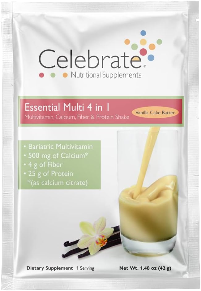 Vier vitamines 4-in-1 Bariatrische Multivitamine met Calcium Citroen Proteïne Shake, 500mg Calcium, voor Post Bariatrische Chirurgie, Vanille Cake Batter, 15 Single Serve Packets