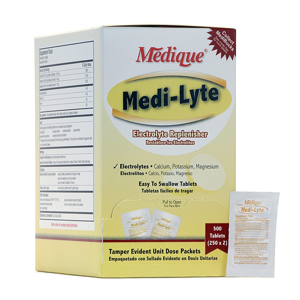 Medique Medi-Lyte Electrolyte Replenisher, snelle verlichting van hitte, stress, vermoeidheid en spierkrampen, gemakkelijk te slikken tabletten, 500 tabletten (250 x 2)