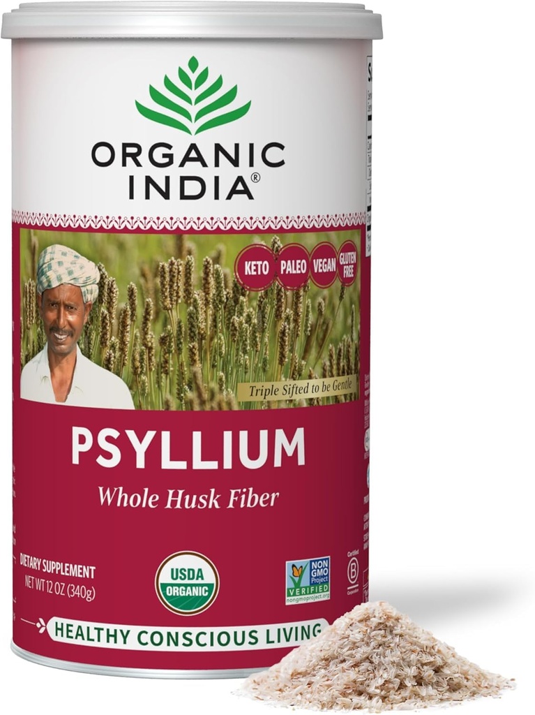ORGANISCHE INDIA Whole Psyllium Husk Powder Organic - Psyllium Husk Fiber Supplement, Digestie Support, Veganistisch, Glutenvrij, Non-GMO, Oplosbare & Onoplosbaare Fiber Bron - 12 oz (pakket van 1)