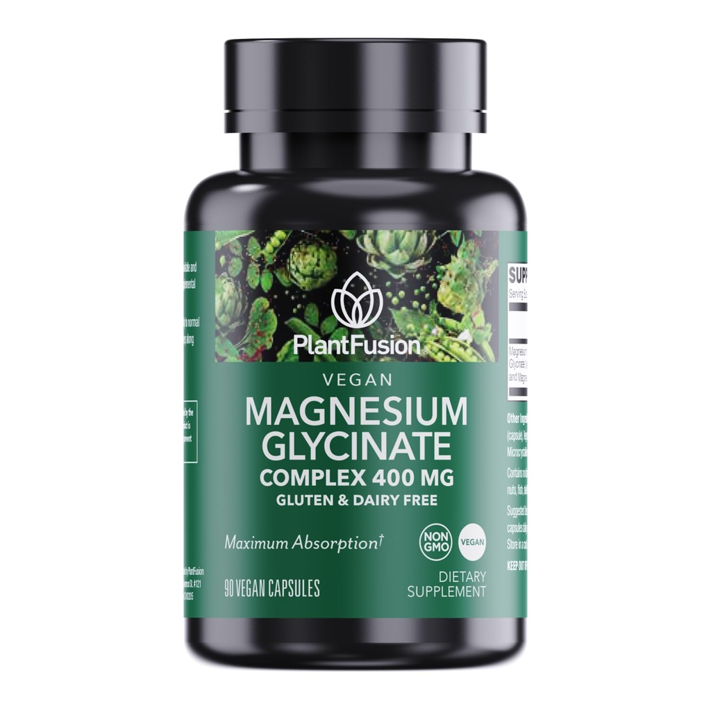 PlantFusion Vegan Magnesium Glycinate Complex 400 mg - Hoge Absorptie & Biobeschikbaarheid - Gecheleerd - Ondersteunt Spierontspanning, Slaap, Cardio Gezondheid, Stress Relief, en Energieproductie - Niet GGO