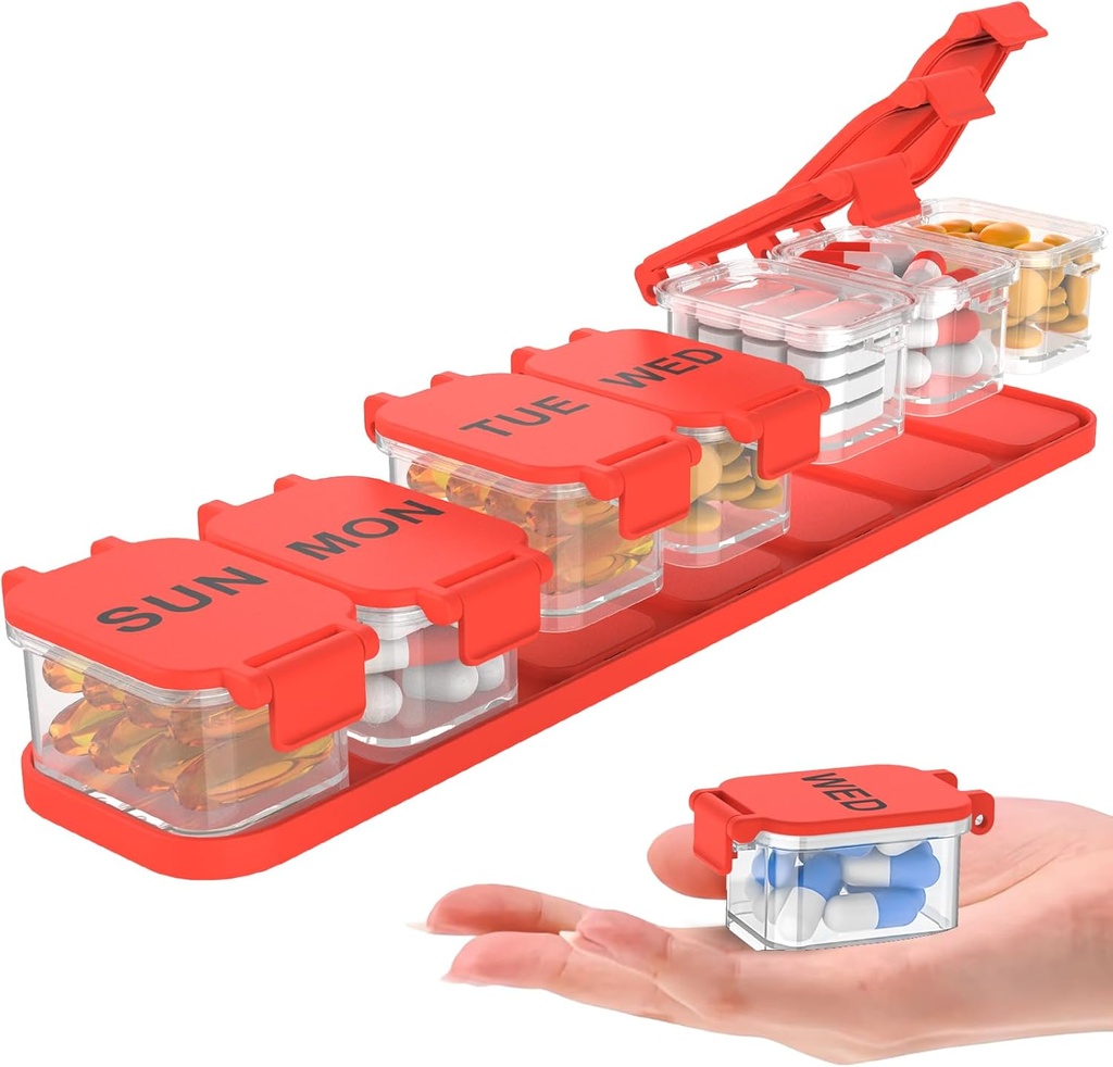 Très grand organisateur hebdomadaire de pilules - Imperméable boîte à pilules de 7 jours, cas portable de vitamine et de supplément, facile à ouvrir conception, idéal pour voyager et la gestion quotidienne des médicaments (rouge)
