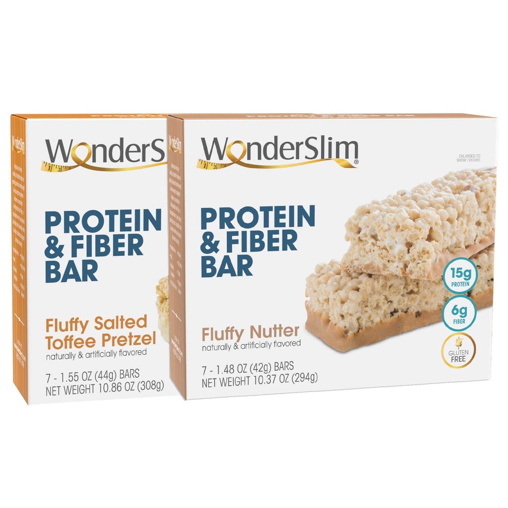 WonderSlim Proteïne en Fiber Bar Bundle, Fluffy Salted Toffee Pretzel & Fluffy Nutter