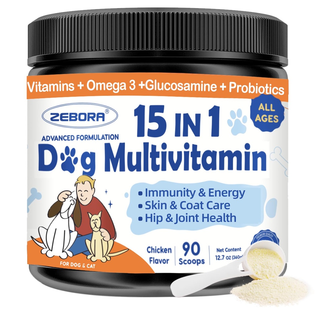 ZEBORA Honden Multivitamine Poeder met Glucosamine, Honden Vitaminen en Supplementen voor Immune Ondersteuning, Huid en Coat Supplement met Omega 3 voor Allergie Relief, Probiotica voor Digestieve & Gut Health