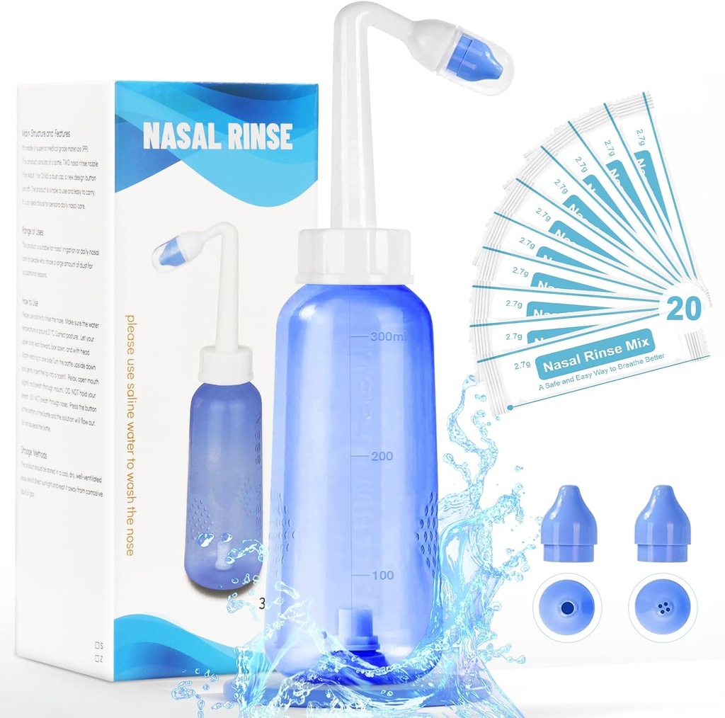 Neti Pot Sinus Sinaasfles - Nasale Wash Bottle Neusreiniger voor effectieve druk Irrigatio 300 ML met 20 Nasal Wash Zout Pakjes