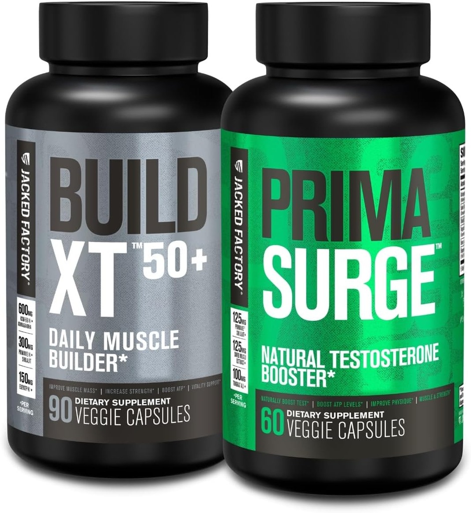 Ge Jacked Factory Build XT 50+ Daily Muscle Builder (90 capsules) PRIMASURGE Testosteron Booster voor mannen (60 capsules) voor vitaliteit, spiergroei en energie