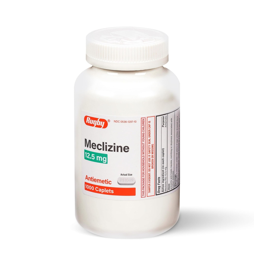 Rugby Meclizine 12,5 mg Caplets antiémétiques pour les symptômes liés à la maladie du mouvement – Essentiels de voyage et de croisière, 1000 Caplets