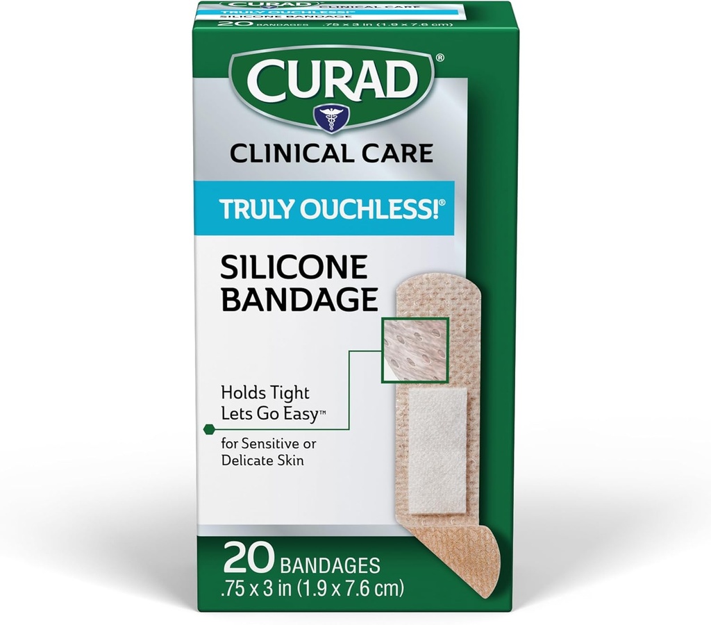 CURAD Truly Ouchless!® Siliconen Bandages, .75" x 3," Voor gevoelige of gevoelige huid, flexibele stof, beschermt Scrapes, snijwonden & Burns, 20 Tellen