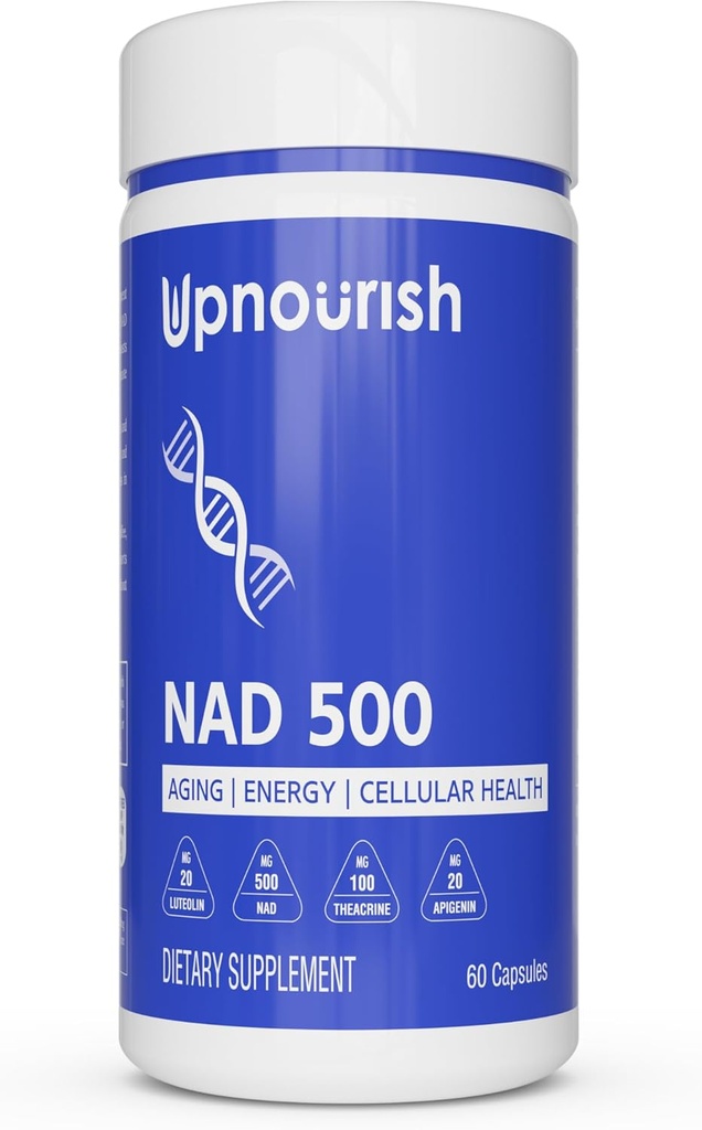 Supplément au dinucléotide d'adénine de nicotinamide NAD - 500mg NAD+ Supplément avec Resveratrol, Quercetin, Theacrine, Lutéolin, Apigenin - Nicotinamide Riboside NR Alternative pour les femmes et les hommes, 60 Capsules