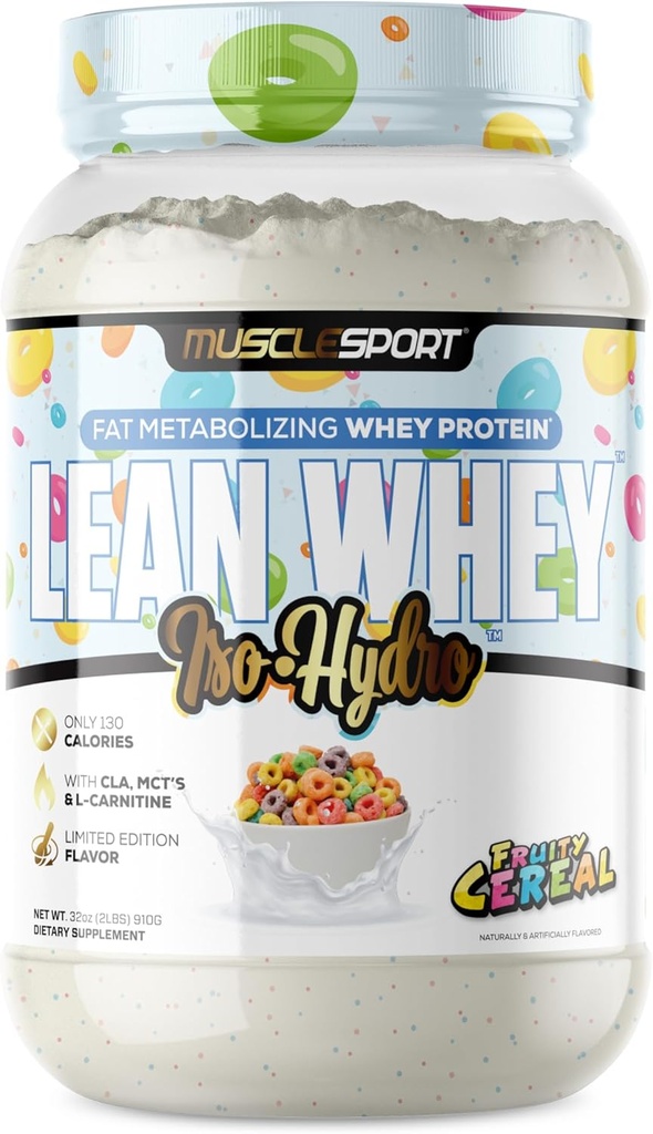 Musclesport Lean Whey RevolutionTM Proteine Powder - Wei Proteine Isolaat - Low Calorie, Low Carb, Low Fat, Incredible Flavors - 25g Proteïne per Scop (2lb, Fruity Cereal)