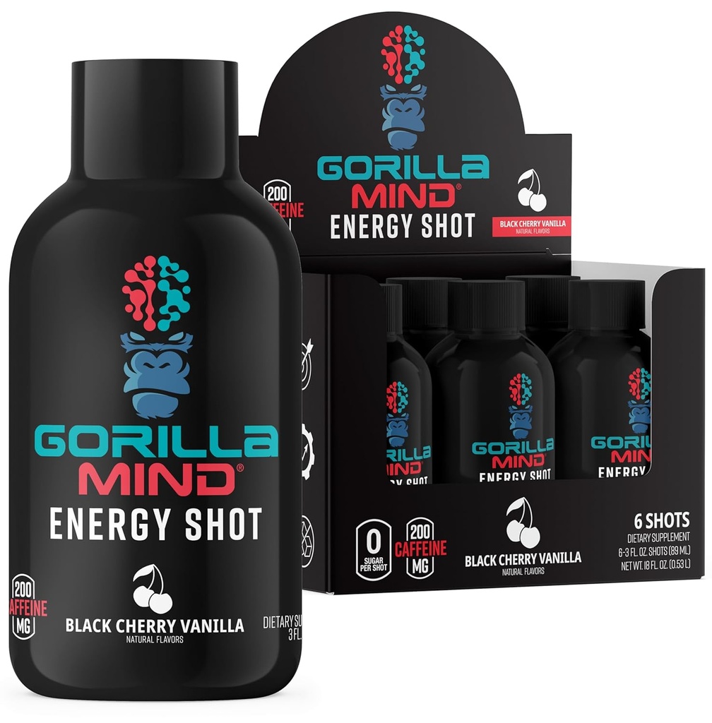 Gorilla Mind Energy Shots (pakket van 6) - Enhanced Focus & Energy, Sugar-Free, Fast-Acting, Potent Formula with Vitamines & Natural Extracts (Black Cherry Vanilla)