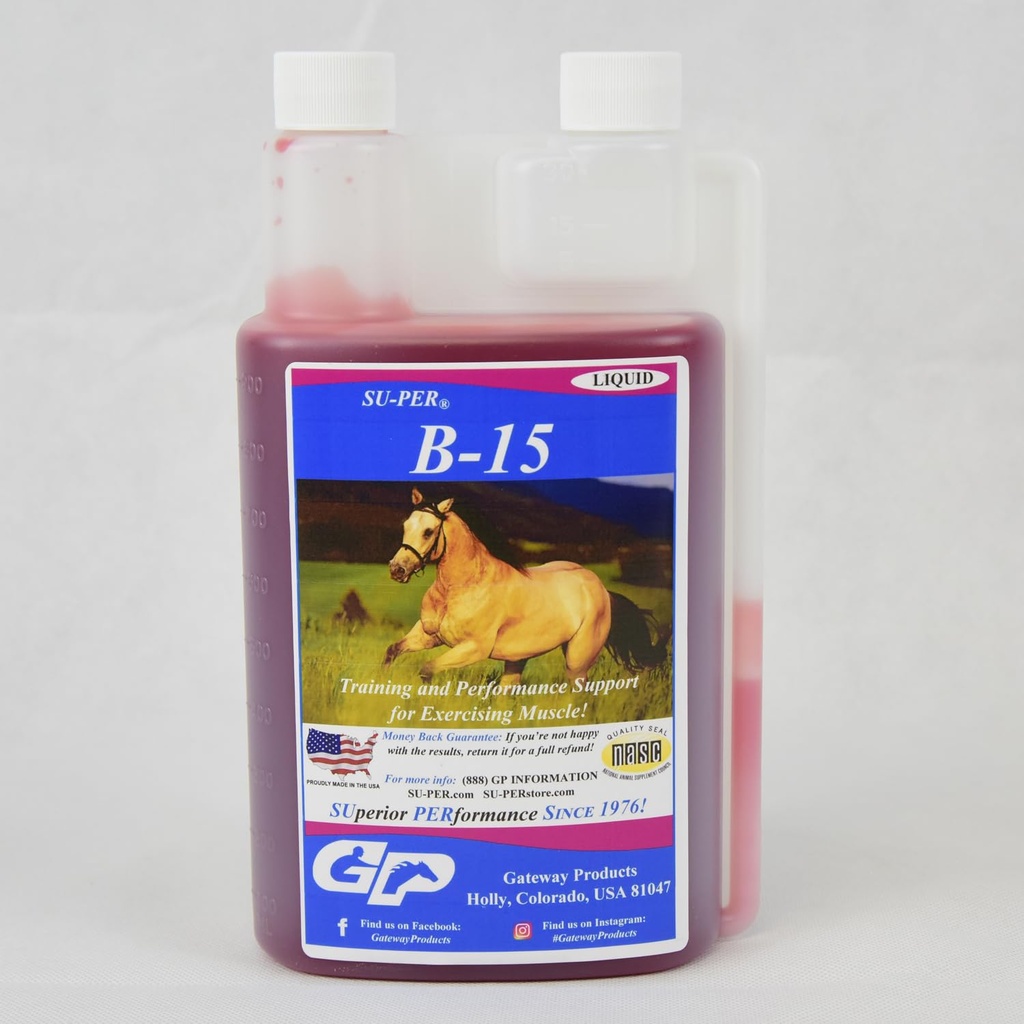 SUPER B-15 Supplément de vitamine pour chevaux - Vitamine Hippique B-15 Liquide pour le soutien de la performance - Soutienne la fonction immunitaire et musculaire cardiovasculaire normale - 1 Quart, (2 Pack)