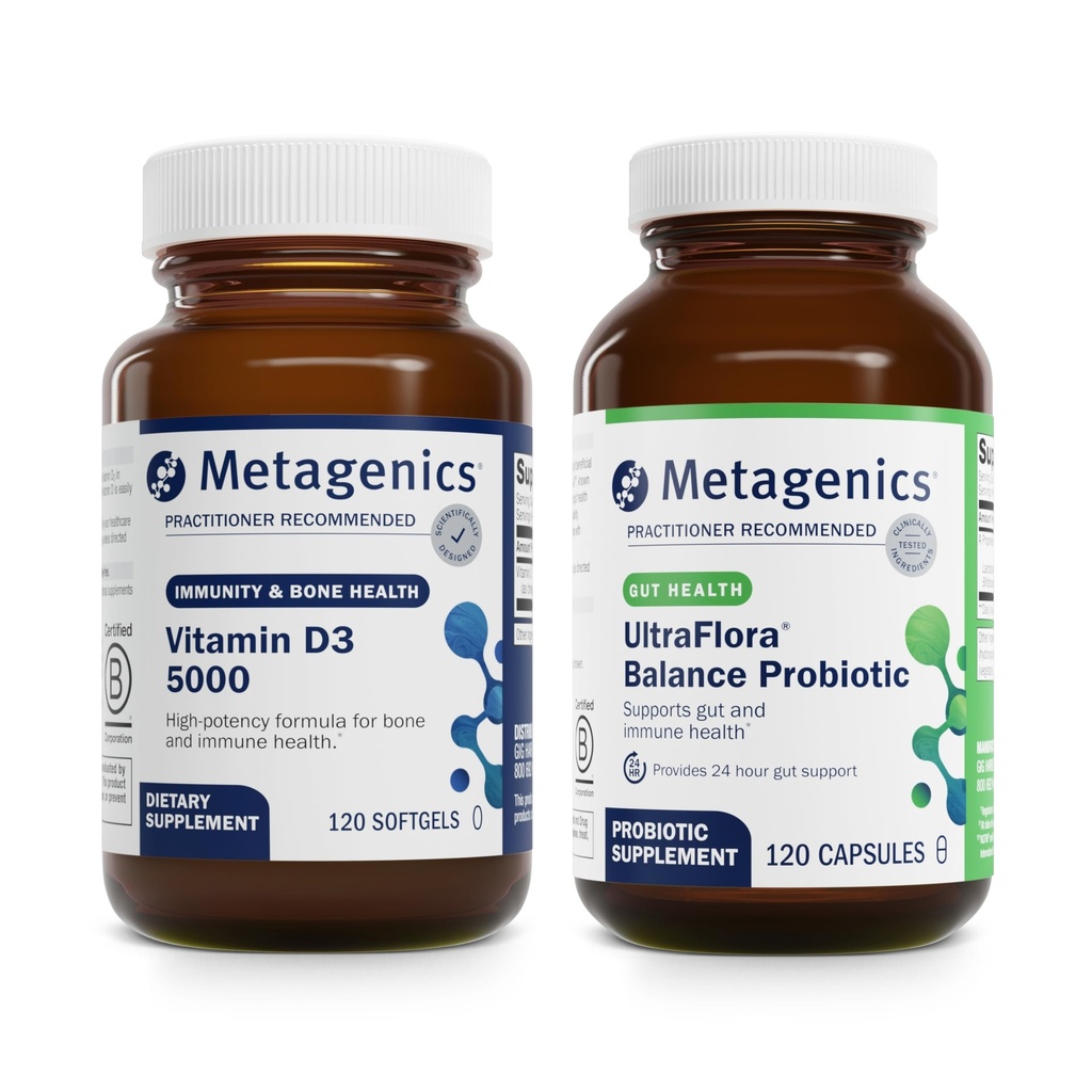 Metagenics Bundle - D3 5000 & UltraFlore Balance - 120 Softgels of D3 5000 for Immune Support, Bone Health & Heart Health - 120 Capsules of UltraFlore Balance for Digestive Health