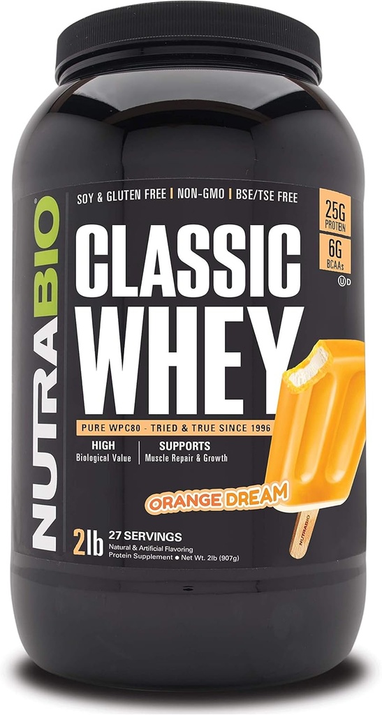 NutraBio Classic Wei Proteïne Poeder- 25G eiwit per scoop - volledig spectrum Aminozuur profiel - Geen fillers, kunstmatige kleuren, conserveringsmiddelen - Oranje droom, 2 pond