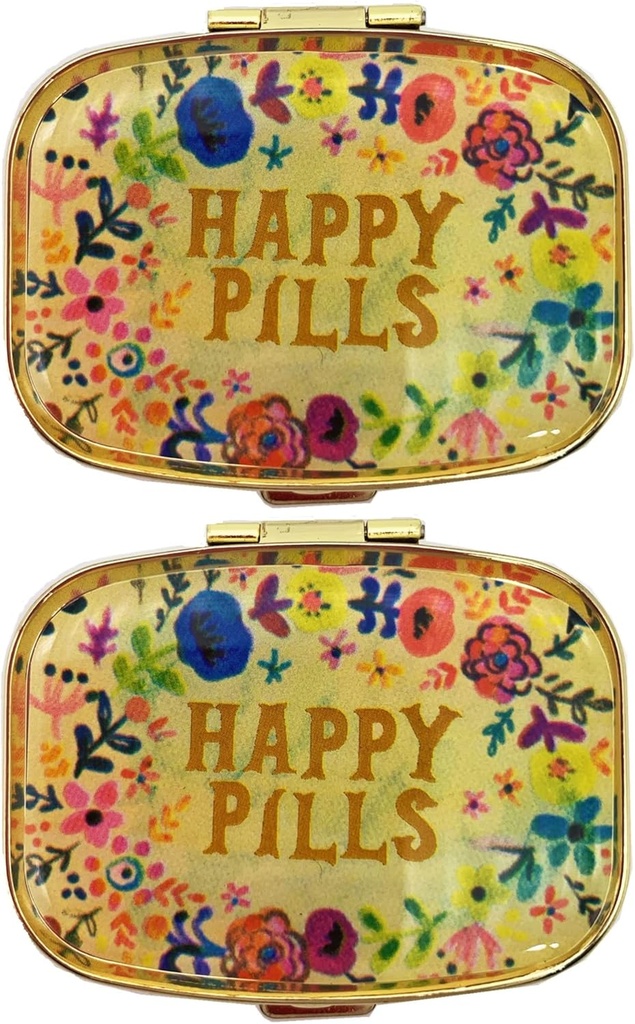 2 Packs Vintage Pillen Organisators Metal Retro Pillen dozen Leuke Pillen Koffers voor Purse/Pocket Portable Compact om Vitaminen/Tylenol/Supplements/Meds/Tablet(Happy Pillen met Spiegel Binnen)