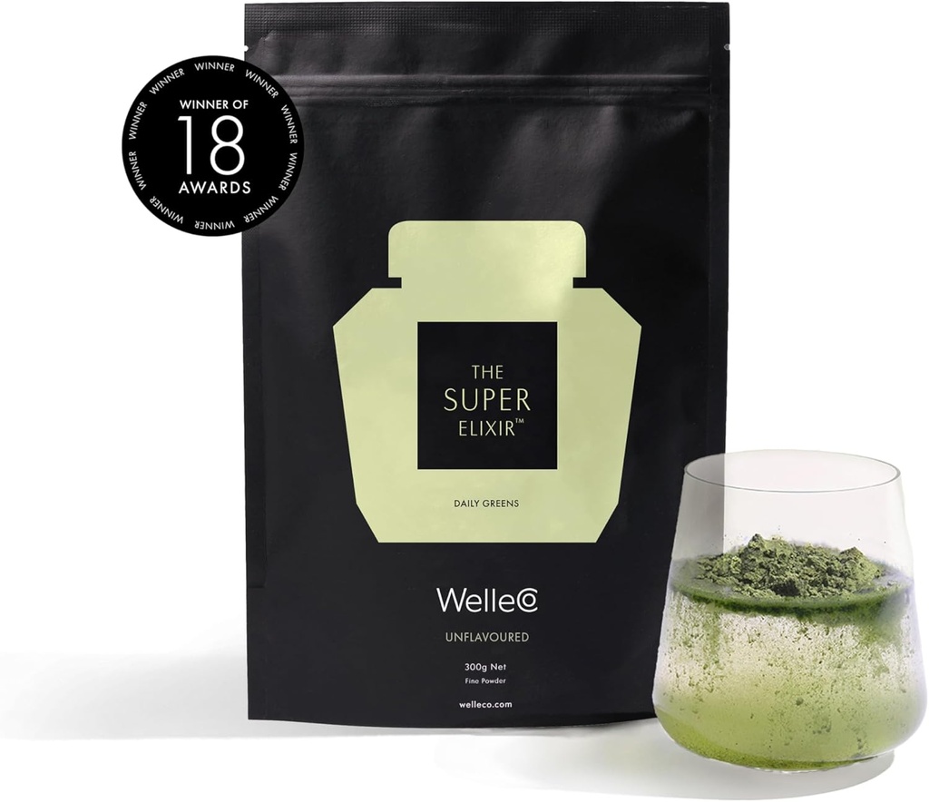 WelleCo The Super Elixir Daily Greens Powder, Probiotic Drink Mix with Whole Foods, Glutenvrij, Vegan Gut Health Powder, Energy, Immunity, Healthy Skin, Hair & Nails (300g, Unflavored)