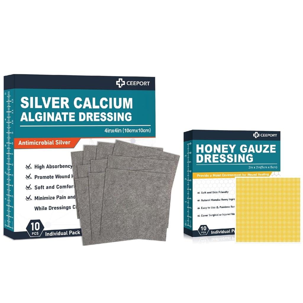 Silver Calcium Alginate Dressing (4''x4'10st) +Manuka Honey Gauze Dressing(2" x 2" 10st)