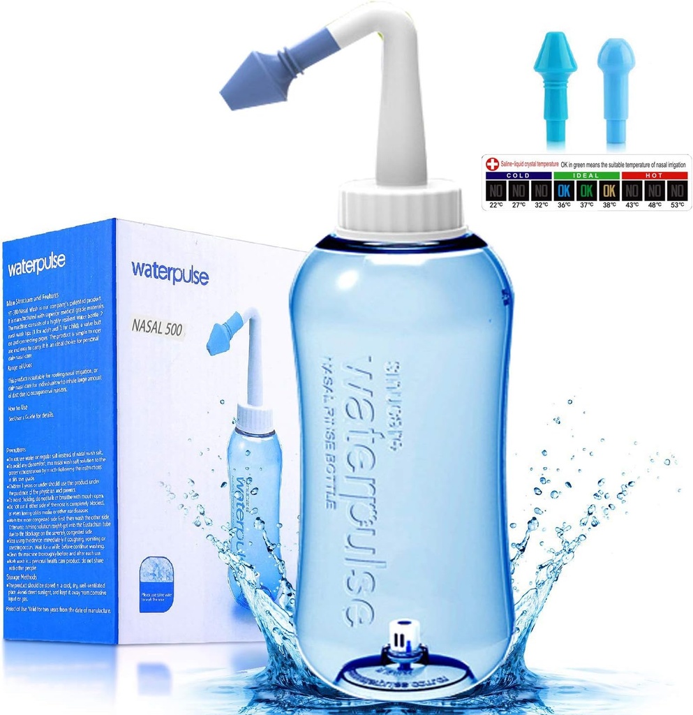 Darate Neti Pot Sinus Sinaasfles, Neuswas Reiniger Druk Sinas neus Irrigatie voor volwassen & Kid BPA vrij met Sticker Thermometer (500ML)