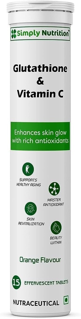Glutathion met vitamine C, voor een gezonde en jeugdige huid - Evens huidtoon voor mannen en vrouwen. Suikervrij, sinaasappelsmaak, 15 Bruistabletten (verpakking van 1)