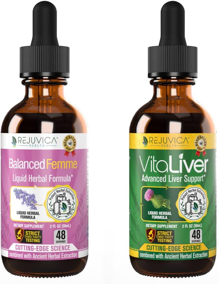 Rejuvica Health Balanced Femme + VitaLiver - Ondersteuning vrouwelijke balans + lever Ondersteuning- Liquid Delivery voor betere absorptie - Melkdistel, Dong Quai, Artichoke, Maca, Dandelion &amp; More!