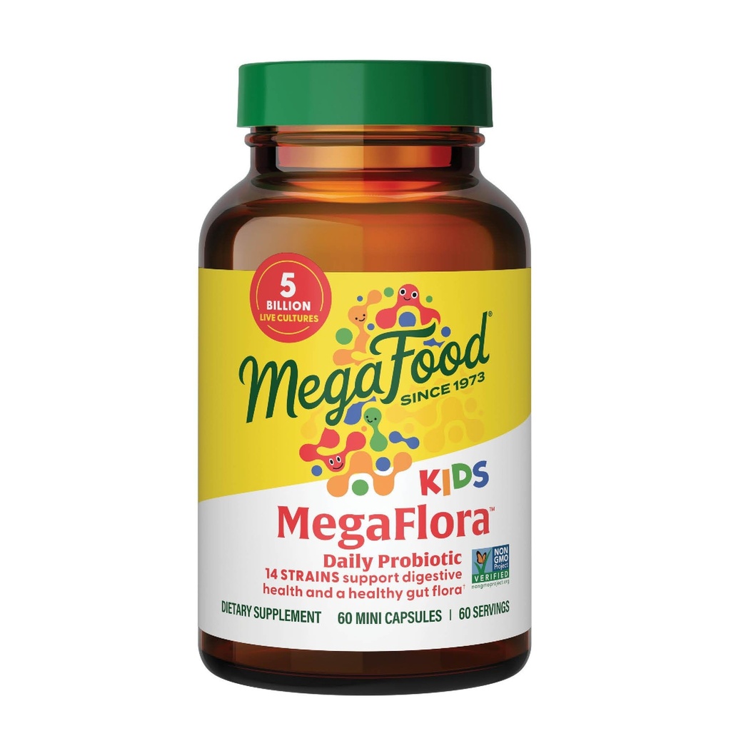 MegaFood MegaFlora Probiotiques pour enfants - 5 milliards UFC - Non-OGM, Végétarien, fait sans 9 allergènes alimentaires, probiotiques pour la santé digestive- 60 Mini Capsules (60 portions)