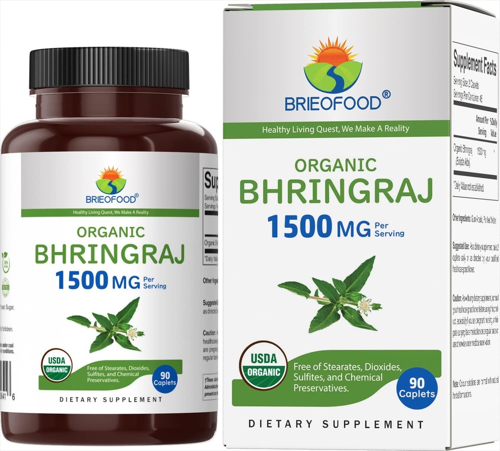 Brieofood Biologische Bhringraj 1500mg, 45 porties, Vegetarisch, Glutenvrij, 90 Vegetarische tabletten