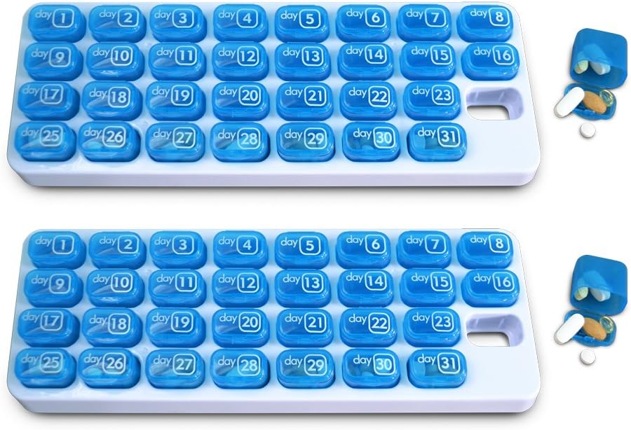 31 Dag Maandelijkse pil Organisator met Pop Out Pocket Pill Pods en opslagbak voor vitamines, supplementen, thuis, werk of reizen - 2 Pack Blue