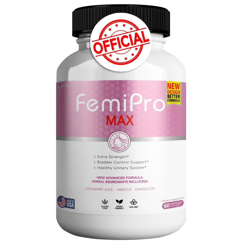 FemiPro MAX Supplément de soutien urinaire pour femmes, 60 capsules, contrôle supplémentaire de la vésicule avec canneberge, Hibiscus, Dandelion, Vegan, Sans gluten (1)