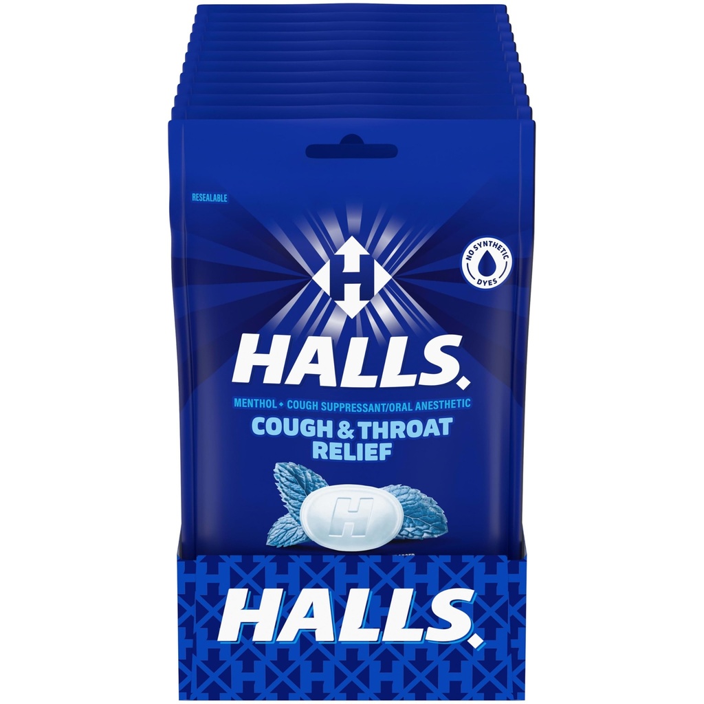 HALLS Hoesten en Throat Relief Mentho-Lyptus Hoestdruppels, 12 zakken van 30 (360 Total Drops)