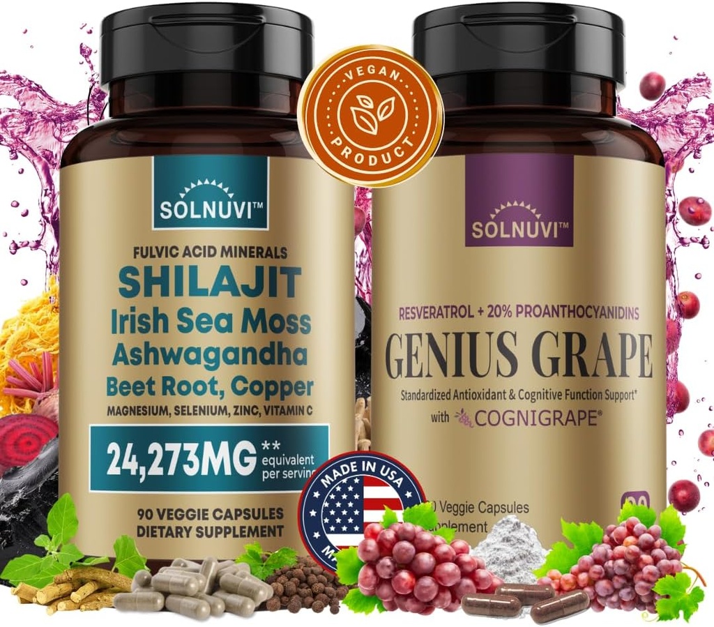 Cognitive Wellness Bundle - Resveratrol Complex & Shilajit Fulvic Acid Minerals - Sea Moss, Ashwagandha, klinisch getest Cognigrape Red Grape Extract - Non-GMO, Glutenvrij, Veganistisch supplement