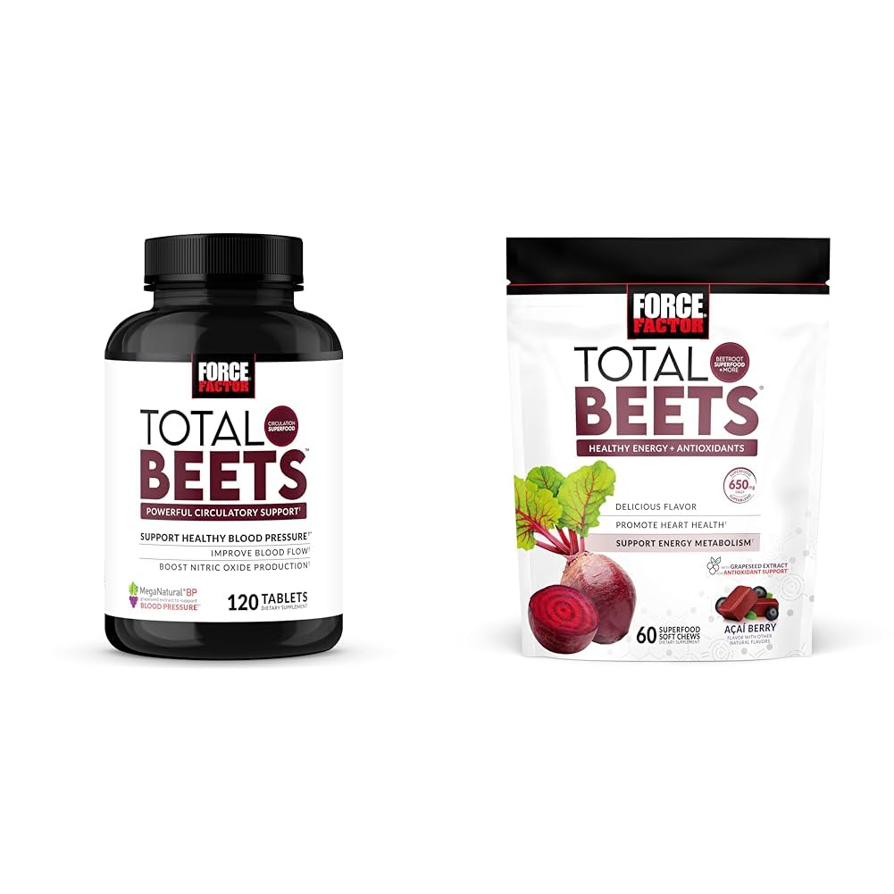 Force Factor Bloeddruk & Total Beets Kauwt Nitric Oxidative Cardiovasculaire ondersteuning Grapeseed Antioxidanten 120 Tellen & 60 Kauwen